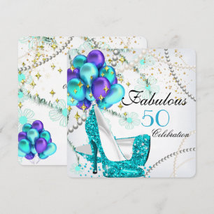 Fabulous 50 Teal Blue High Heels Floral Birthday Invitation