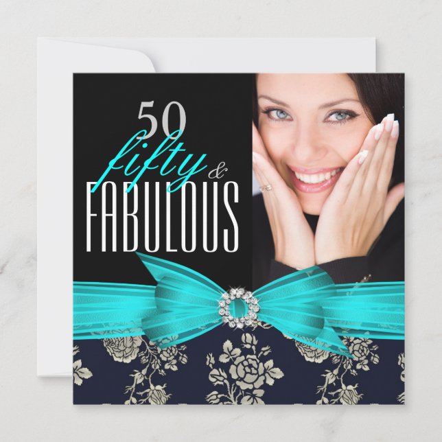 Fabulous 50 Teal Blue Navy Damask Birthday Party Invitation (Front)