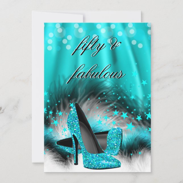 Fabulous 50 Teal Blue Stars High Heels Birthday Invitation (Front)