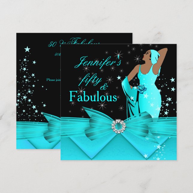 Fabulous 50 Teal Glamourous Retro Woman Birthday Invitation (Front/Back)