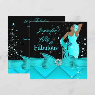 Fabulous 50 Teal Glamourous Retro Woman Birthday Invitation