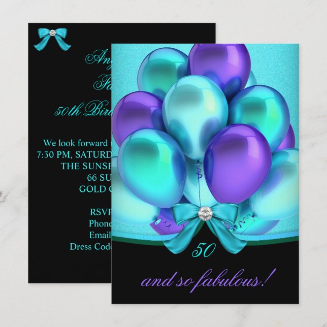 Fabulous 50 Teal Purple Black Balloons Party Invitation (Front/Back)