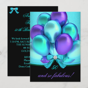Fabulous 50 Teal Purple Black Balloons Party Invitation