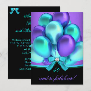 Fabulous 50 Teal Purple Black Birthday Party 2 Invitation