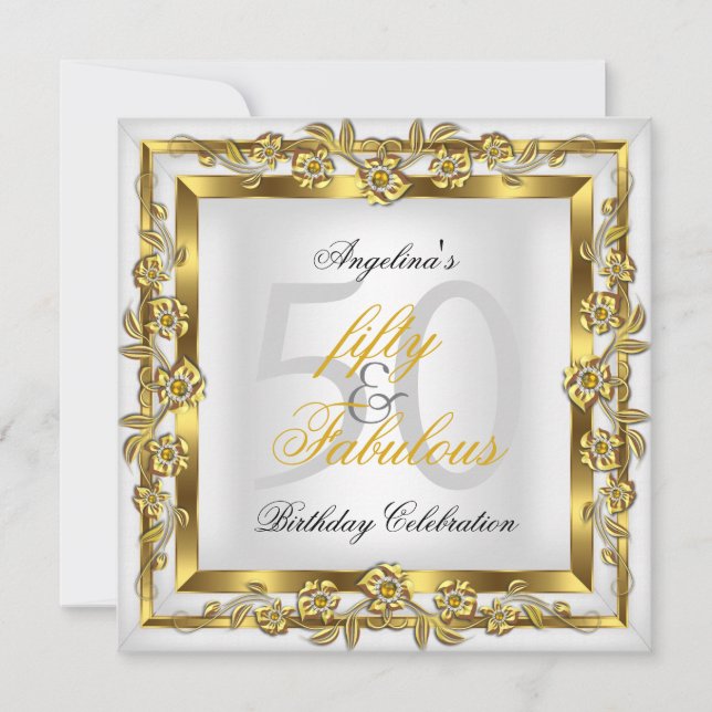 Fabulous 50 White Floral Gold Birthday Party Invitation (Front)