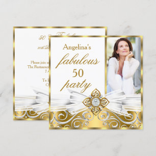 Fabulous 50 White Gold Faux Diamond Photo Birthday Invitation