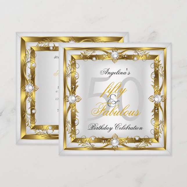 Fabulous 50 White Pearl Floral Gold Birthday Party Invitation (Front/Back)
