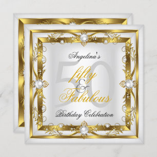 Fabulous 50 White Pearl Floral Gold Birthday Party Invitation