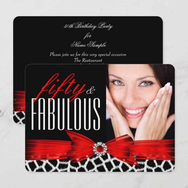 Fabulous 50 Wild Red Black Photo Birthday Party Invitation (Front/Back)