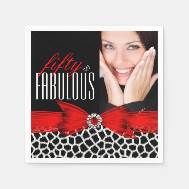 Fabulous 50 Wild Red Black Photo Birthday Party Napkin (Front)