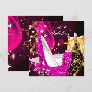 Fabulous 50 Woman's Hot Pink Gold Birthday Party Invitation