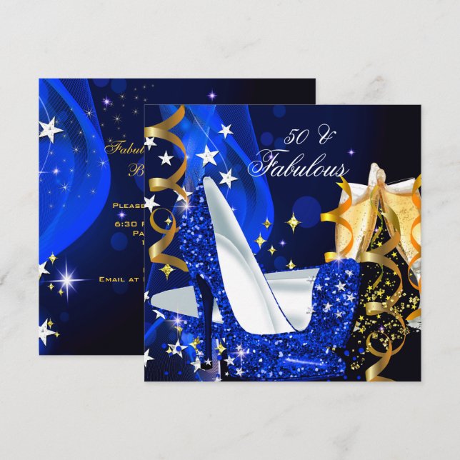 Fabulous 50 Woman's Royal Blue Gold Birthday Party Invitation (Front/Back)
