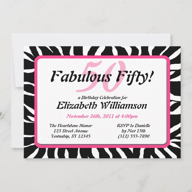 Fabulous 50 Zebra Print & Pink Birthday Invites (Front)
