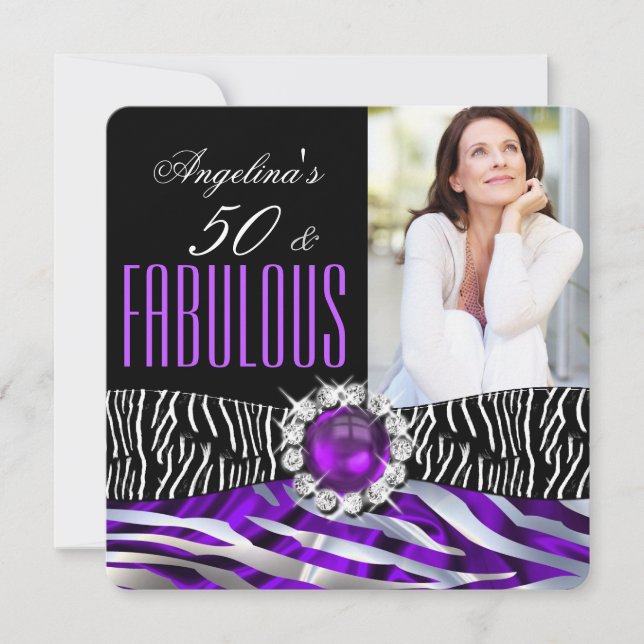 Fabulous 50 Zebra Purple Silk Silver Birthday Invitation (Front)