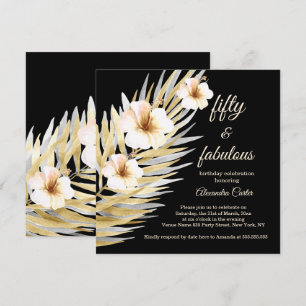 Fabulous 50th Beige White Black Floral Birthday Invitation