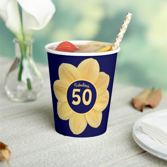Fabulous 50th Birthday Blue and Yellow Floral Paper Cups (Insitu)