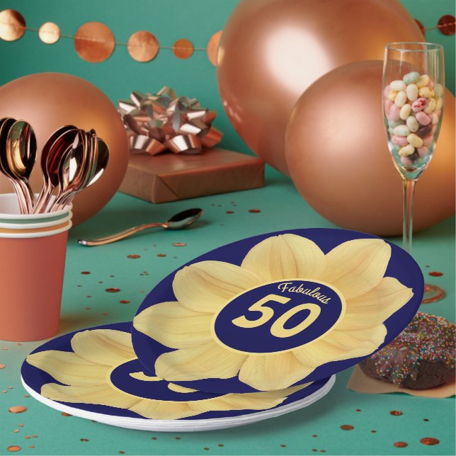 Fabulous 50th Birthday Blue and Yellow Floral Paper Plate (Multi)