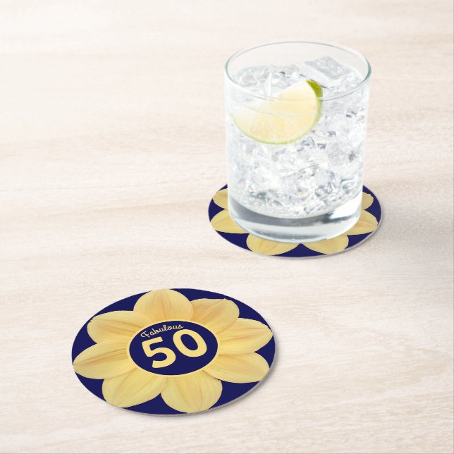 Fabulous 50th Birthday Blue and Yellow Floral Round Paper Coaster (Insitu)