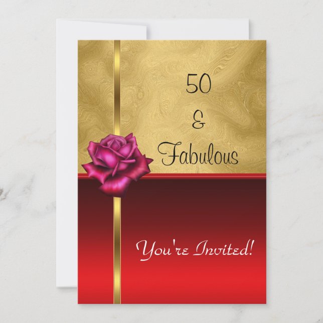 Fabulous 50th Birthday Gold Red Flower Invitation (Front)