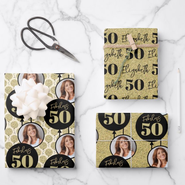 Fabulous 50th Birthday Gold Wrapping Paper Sheet (Front)