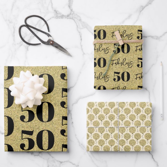 Fabulous 50th Birthday Gold Wrapping Paper Sheet (Front)