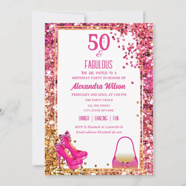 Fabulous 50th Birthday High Heels Pink Glittery  Invitation (Front)