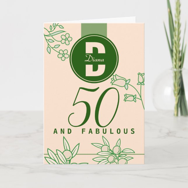 Fabulous 50th Birthday Monogram Floral Green&Beige Card (Front)