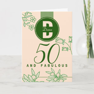 Fabulous 50th Birthday Monogram Floral Green&Beige Card