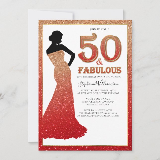 Fabulous 50th Birthday Ombre Glitter Gown Invitati Invitation (Front)