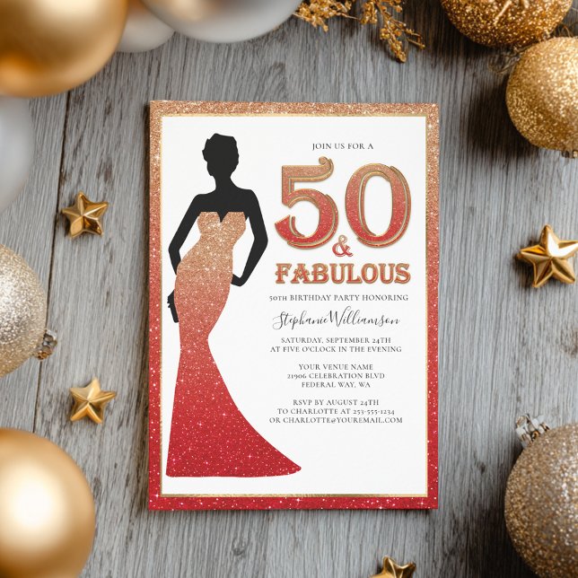 Fabulous 50th Birthday Ombre Glitter Gown Invitation (Fabulous 50th Birthday Ombre Glitter Gown Invitation)