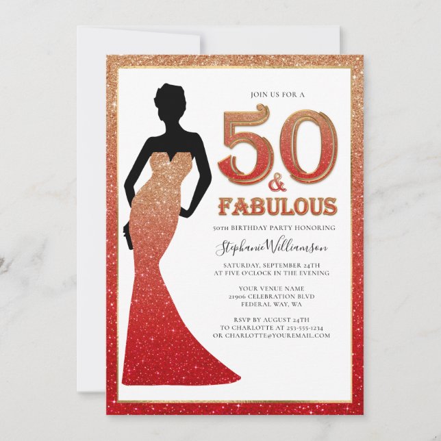 Fabulous 50th Birthday Ombre Glitter Gown Invitation (Front)