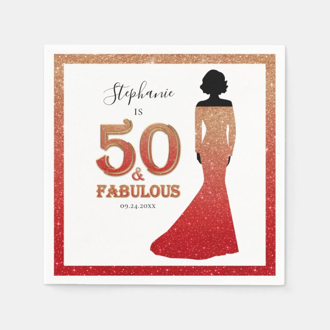 Fabulous 50th Birthday Ombre Glitter Gown Napkin (Front)