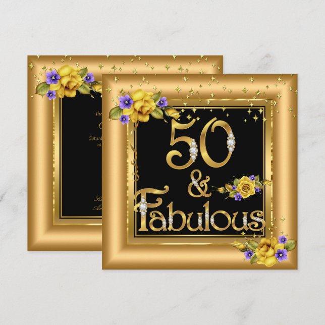 Fabulous 50th Birthday Party Gold Black Yellow Invitation (Front/Back)