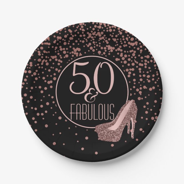 Fabulous 50th Birthday Party | Rose Gold Black Paper Plate (Front)
