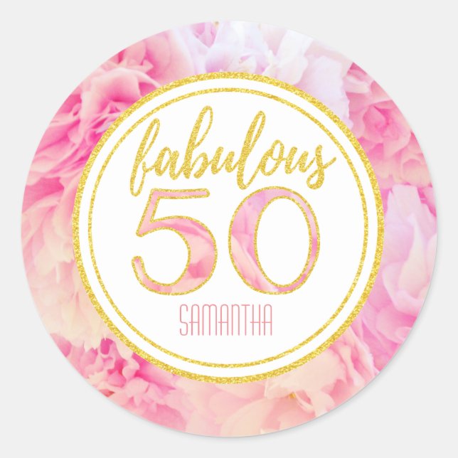 Fabulous 50th Birthday Pink Gold Glitter Classic Round Sticker (Front)