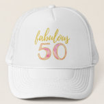 Fabulous 50th Birthday Pink Gold Trucker Hat<br><div class="desc">Shining Fabulous 50 Hut with Delicate Floral Pink and Faux Glitter Gold border and text. Beautiful Pink Blossoms for a happy celebration of a new beginning. Perfect for a Happy Birthday gift for Her. Photography and design by SunFeeStar.</div>