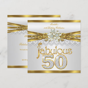 Fabulous 50th Birthday White Pearl Gold Lace Invitation