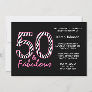 Fabulous 50th Black and Pink Zebra Birthday Invitation