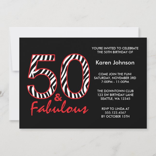 Fabulous 50th Black and Red Zebra Birthday Invitation (Front)