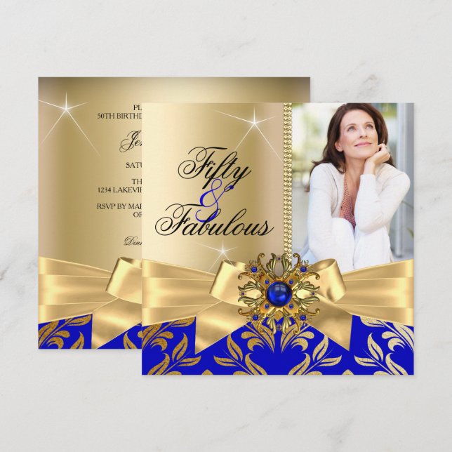 Fabulous 50th Blue Pearl Gold Leaf Bow Birthday Invitation (Front/Back)