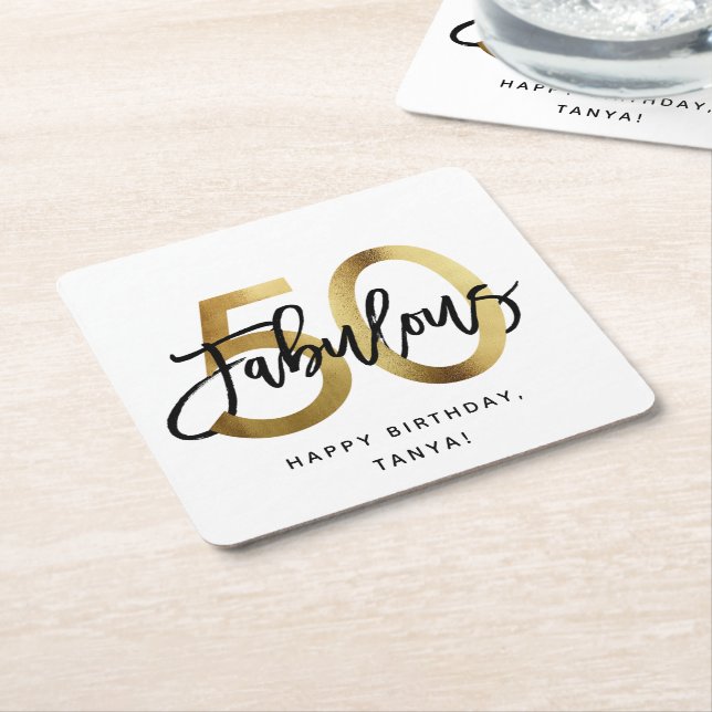 Fabulous 50th | Chic Gold Fun Modern  Birthday Square Paper Coaster (Angled)