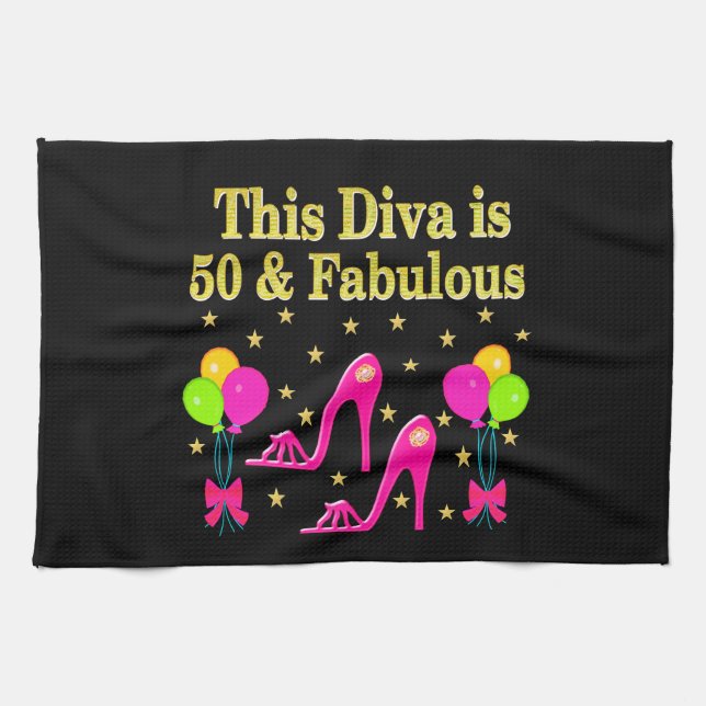FABULOUS 50TH FASHION SHOE QUEEN DESIGN TEA TOWEL (Horizontal)