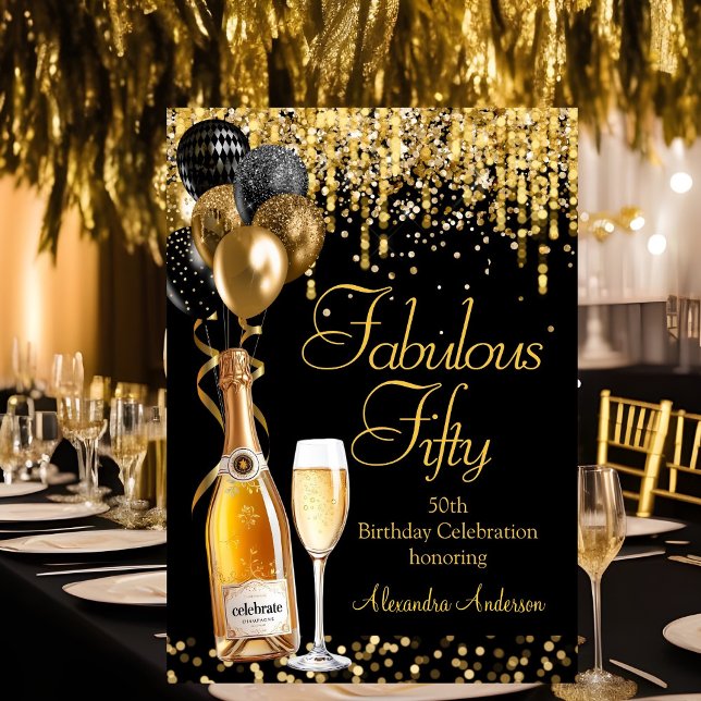 Fabulous 50th Glitter Gold Black Champagne Invitation (Creator Uploaded)