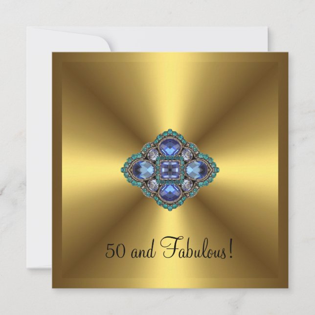 Fabulous 50th Gold Blue Jewel Elegant Birthday Invitation (Front)