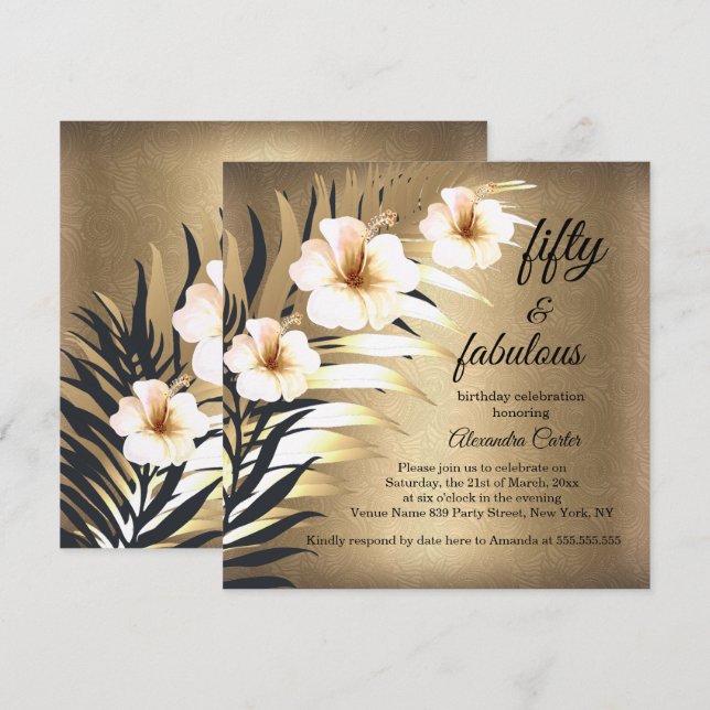 Fabulous 50th gold Brown Beige Black Floral party Invitation (Front/Back)