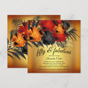 Fabulous 50th Gold Red Orange Black Hibiscus party Invitation