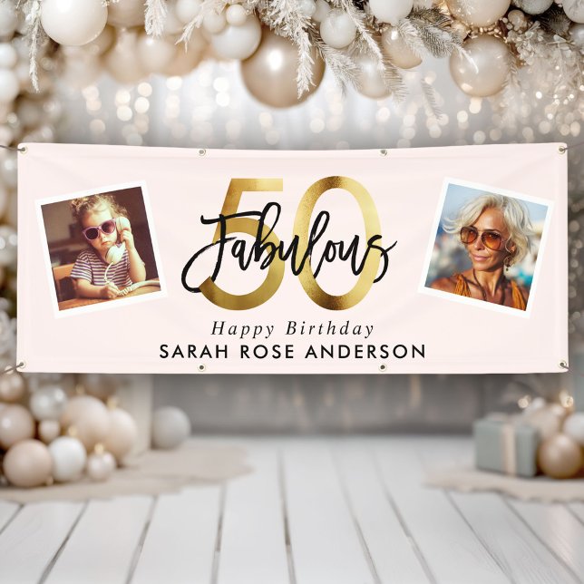 Fabulous 50th Happy Birthday Photo Blush Pink Gold Banner (Creator Uploaded)
