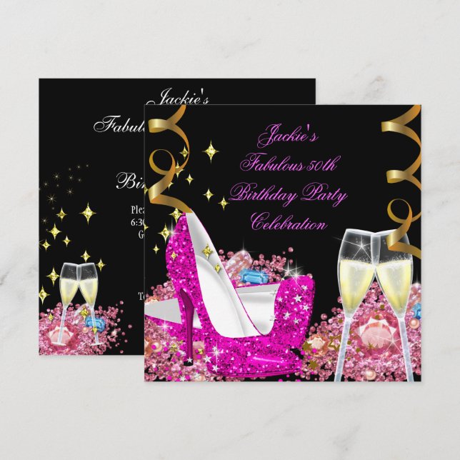Fabulous 50th Hot Pink Glitter High Heel Birthday Invitation (Front/Back)