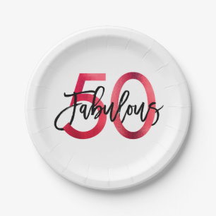 Fabulous 50th   Modern Elegant Chic Red Birthday Paper Plate