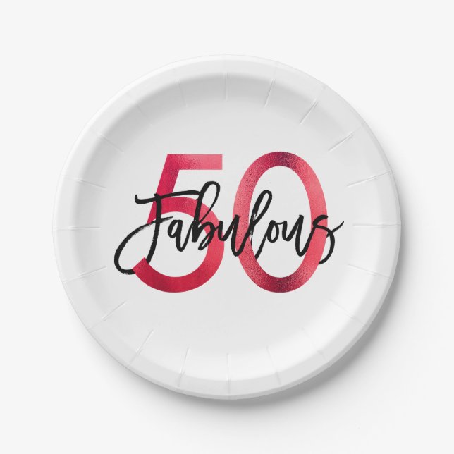 Fabulous 50th | Modern Elegant Chic Red Birthday Paper Plate (Front)